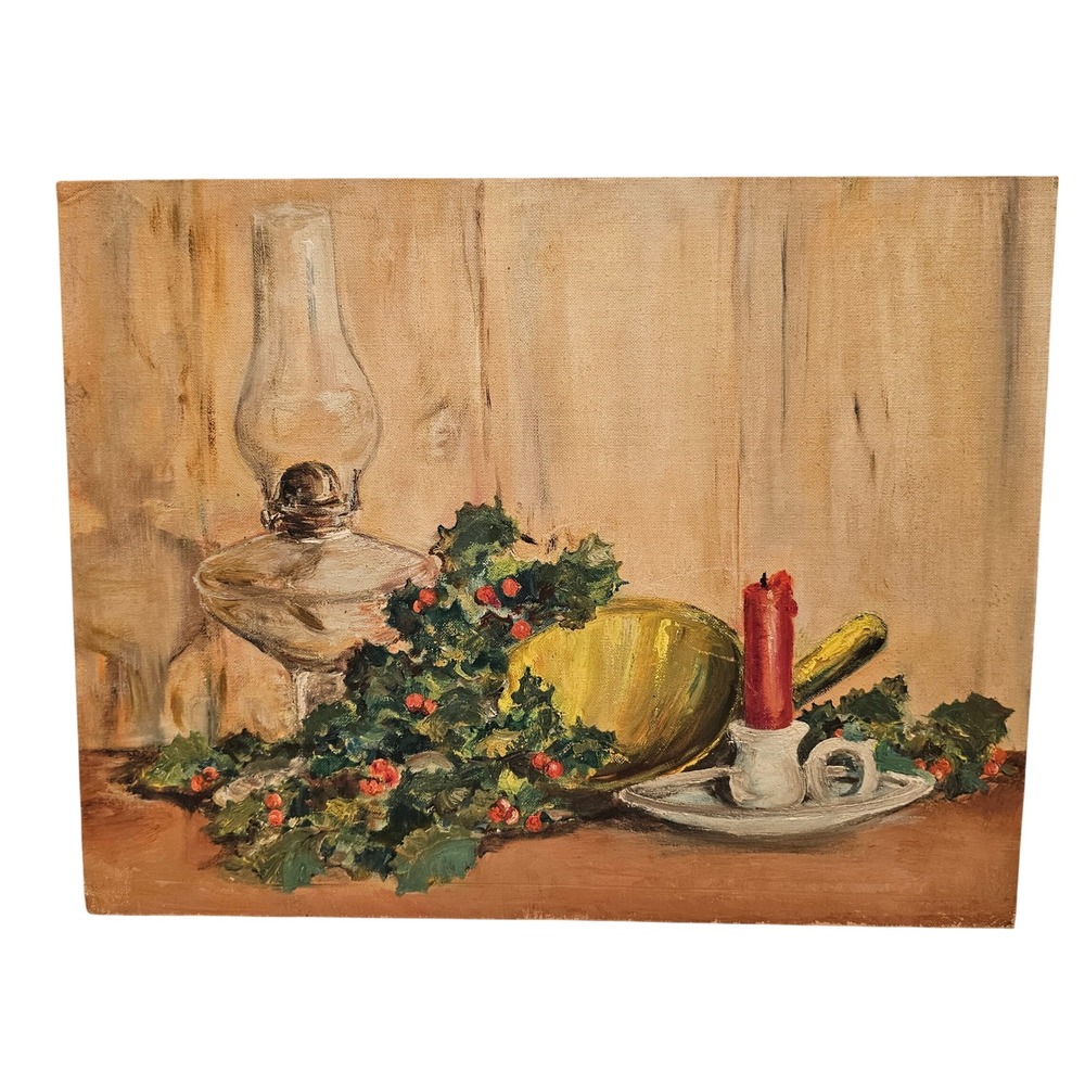 Vintage Florida Artist Oil Painting Still Life Lamp Candle Holly 14x18 Holiday